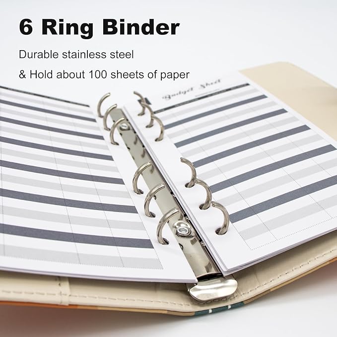 A5 Refillable 6 Ring Faux Leather Budget Binder,Mini Notebook Binder Cover for A5 Filler Paper,Loose Leaf Personal Planner Cover with Magnetic Buckle Closure(White Leaves)