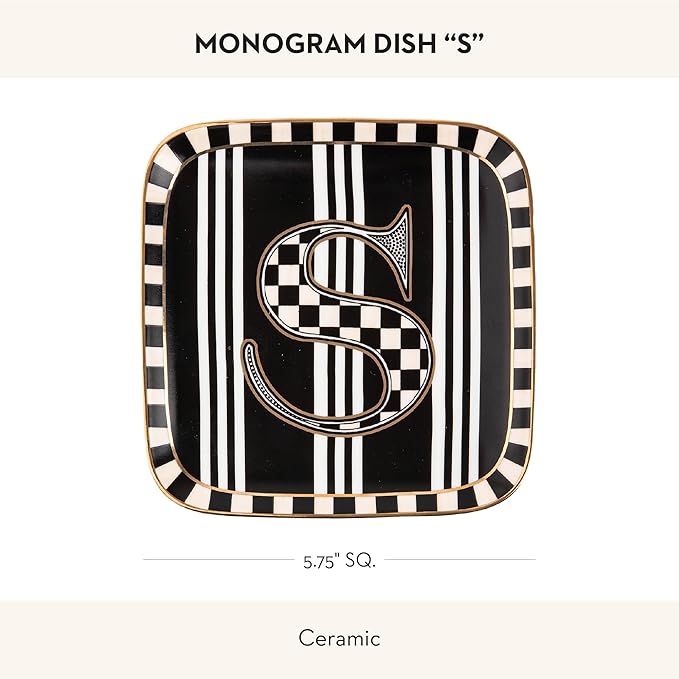 MACKENZIE-CHILDS Monogram Dish, Decorative Ceramic Letter Plate, 5 3/4" Square, S