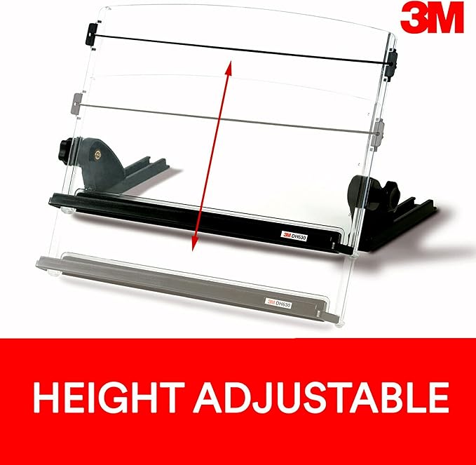3M Adjustable Document Copy Holder, In-line with Monitor Minimizing Head and Neck Movement, 150 Sheet Capacity Holds Sheets to Books, Elastic Line Guide Keeps Pages Open, 14" Wide, Black (DH630) - Black/Clear
