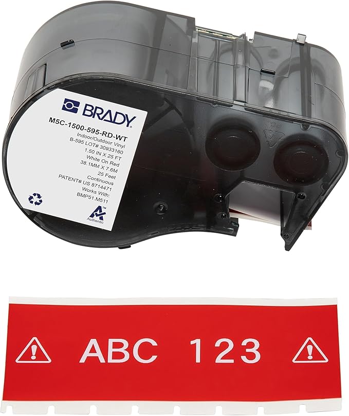 Brady Authentic (M5C-1500-595-RD-WT) All-Weather Vinyl Labels 1.5 in W x 25ft White on Red. for use with BMP51, M510, and M511 Label Printers.