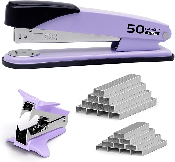 Metal Heavy Duty Stapler, 50 Sheet Capacity Stapler with 2000 Staples and Staple Remover, No Jam, Non-Slip Stapler for Desk, Purple Office Supplies for Teacher, Office Clerks
