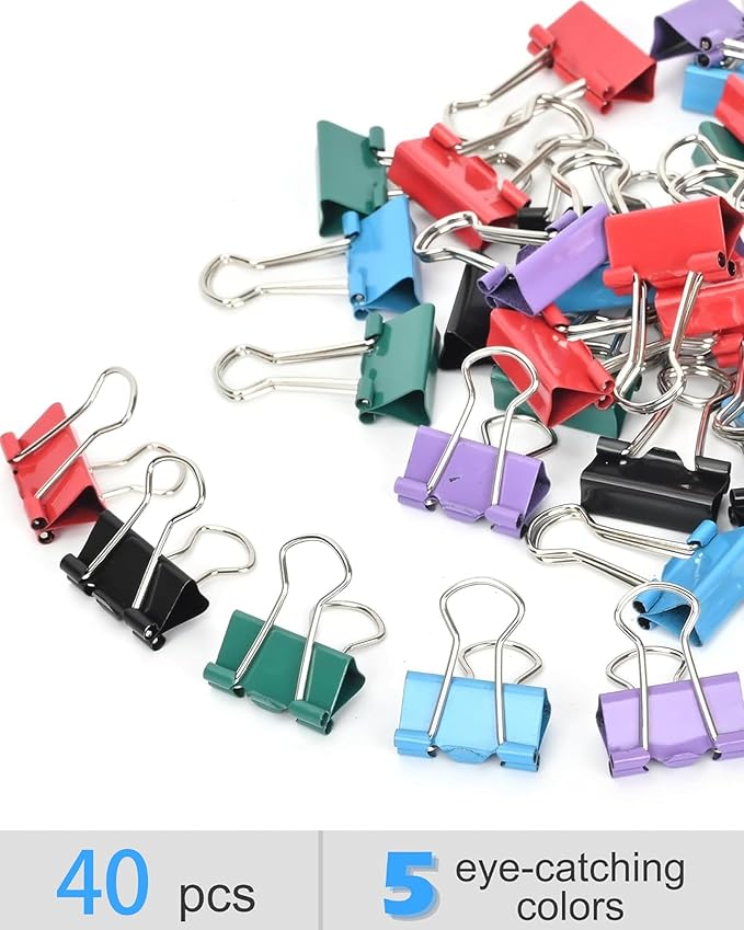 CUARUSUIKA Binder Clips Set,40Pack, 1 in Small Clip, Paper Clips for Office, Home, School, Crafts, Business(Mixed Color)