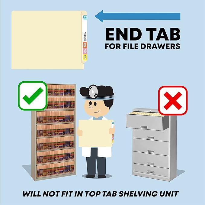 Medical File Folders with 2 Fasteners, Doctor Stuff, Letter Size, Reinforced End Tab Folders with 2” Bonded Fastener on Inside Front and Back, 14 pt Manila Stock, Box of 50