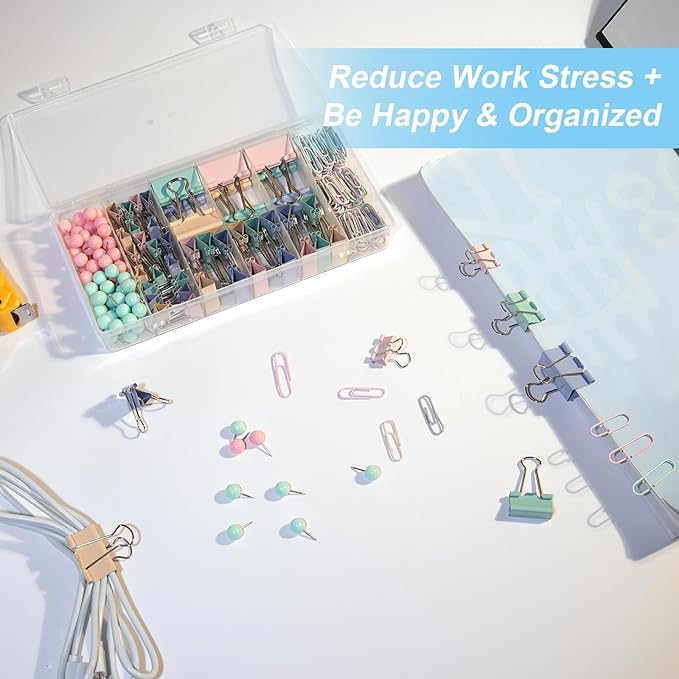 260 Pcs Binder Clips Assorted Sizes & Paper Clips Set with Push Pins | Cute All-in-One Office Supply Kit for School, Home & Desk Organization