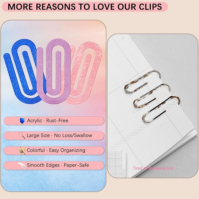 12 Pcs Jumbo Acrylic Paper Clips, 4"x2" Large Plastic Paper Clips, Bright Colors, Classroom & Office Supplies, Back to School Gifts for Students & Teachers, Desk Org & DIY Charms & Accents & Bookmarks