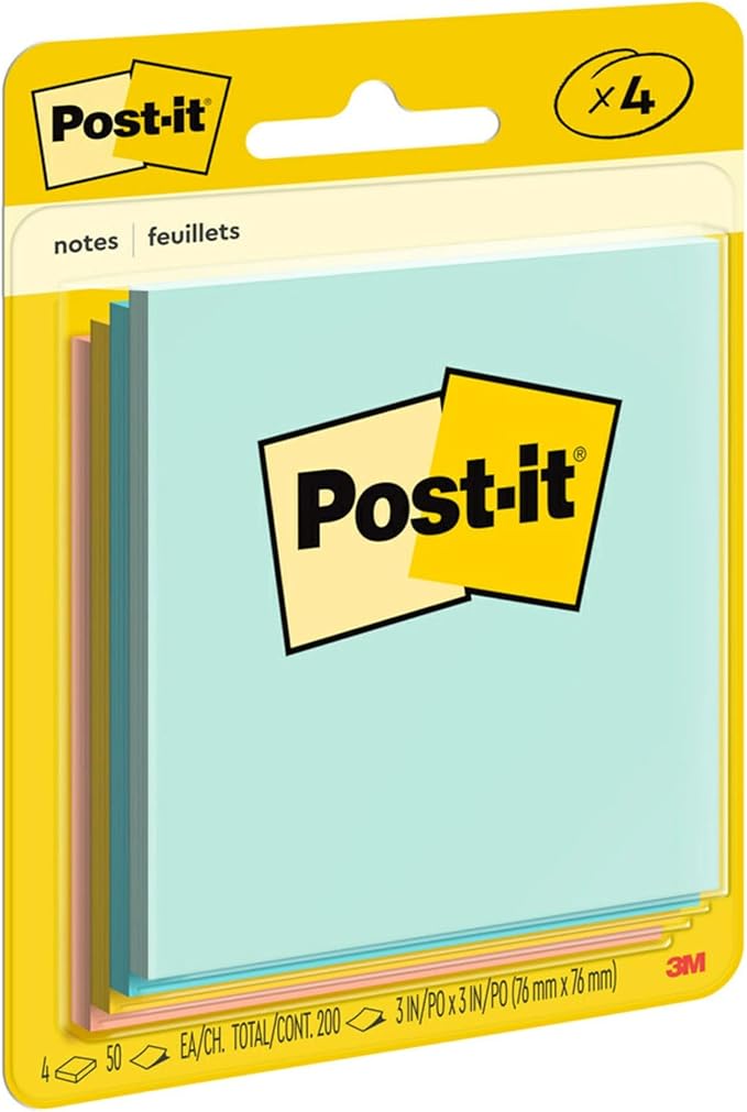 Post-it Notes, 3 in x 3 in, 4 Sticky Note Pads, 50 Sheets per Pad, Beachside Café Collection, New Year Organization or Second Semester School Supplies