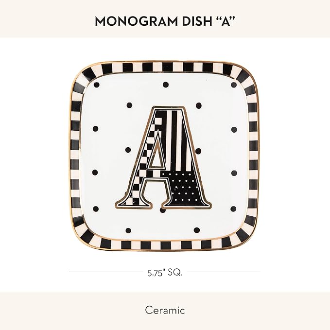 MACKENZIE-CHILDS Monogram Dish, Decorative Ceramic Letter Plate, 5 3/4" Square, A