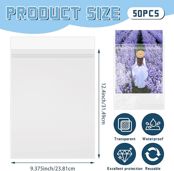50 Pack 9 3/8 x 12 2/5 inches Crystal Clear Sleeves Storage Bags, Self Sealing Cellophane Bags Magazine Sleeves Protectors for 9x12 Photo Mats Art Prints Drawings