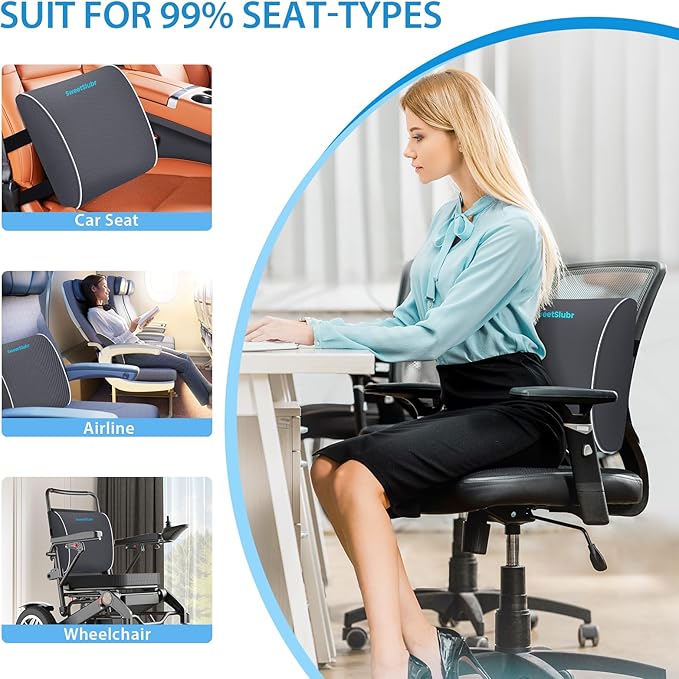 Lumbar Support Pillow for Office Chair, Car Seats and Home Desks, Ergonomic Back Support with Double Adjustable Straps, Machine Washable Cover, Grey