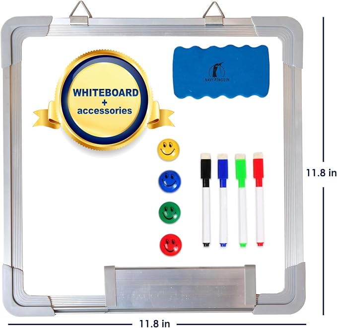 Whiteboard Set - 12 x 12 in Dry Erase Board with 1 Magnetic Dry Eraser, 4 Dry Wipe Markers and 4 Magnets - Small White Board Wall Hanging Marker Board for Home and Office (12x12)