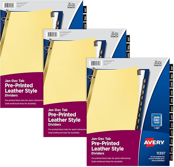 Avery Jan-Dec Dividers for 3 Ring Binders, 12 Tabs per Set, Pre-Printed Black Leather Tabs, Great for Organizing Records, Reports, Finances, and Other Important Documents (3 Sets of 26180)