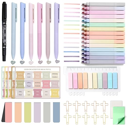 Bible Study Supplies Kit 43 Pcs for Women & Men – Bible Journaling Set with No Bleed Highlighters, Pens, Bible Tabs, Bookmarks, Cross Paper Clips & Transparent Sticky Notes