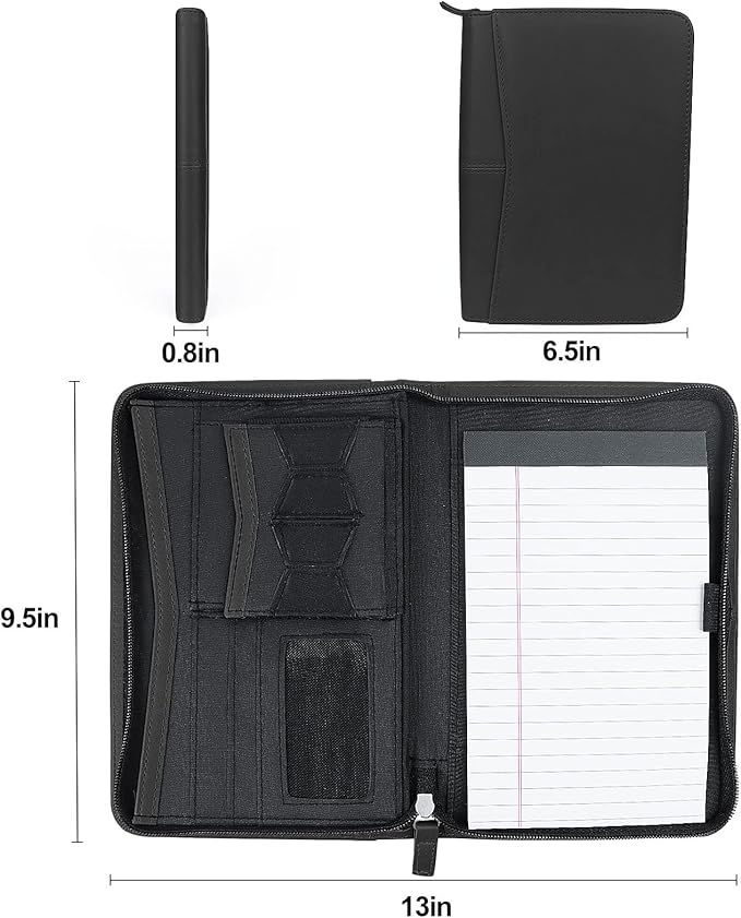 Godery Leather Zippered Padfolio Portfolio Binder 5 x 8 Legal Writing Pad, Professional Business Portfolio for Men & Women, Card Holder, Notepad Clipboard Holder (Black)