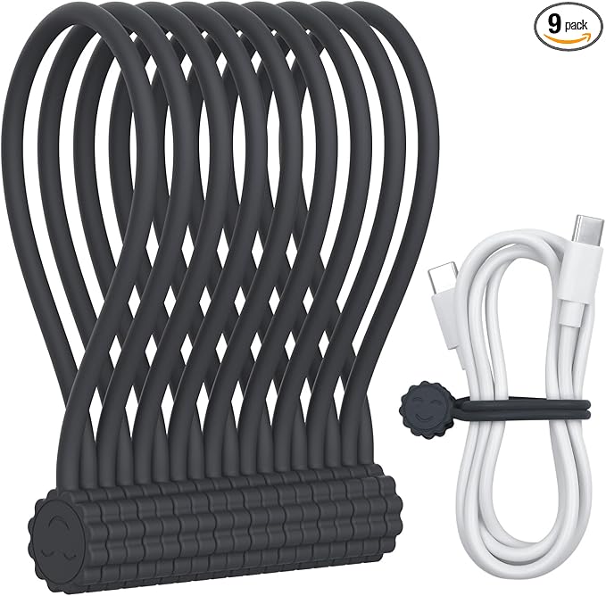 Rich&Ray Silicone Magnetic Twist Ties, Reusable Magnetic Ties for Bundling and Organizing Cable, Hanging Stuff, Kitchen Magnets, Office Magnets or Just for Fun (Gray, 9 pack)