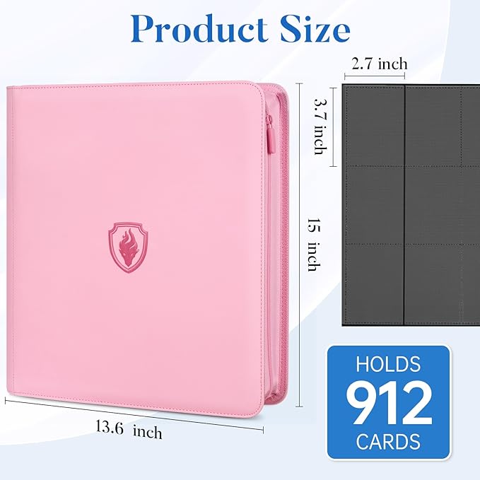 Premium Zip Card Binder 12 Pocket, Fabmaker 912 Pockets Trading Card Binder, PU Zipper Card Collection Album, Sturdy Side-Loading Card Book Holder for Game & Sports Cards, Pink