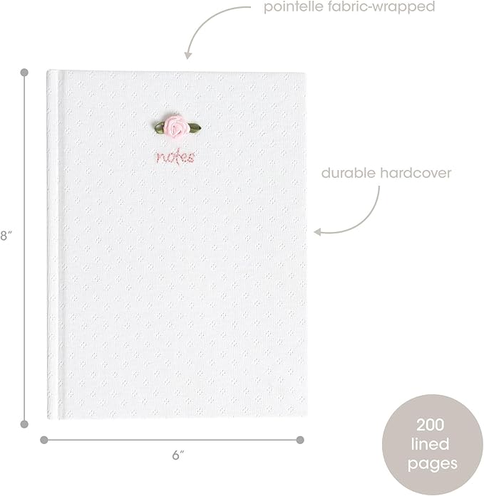 Pearhead Fabric Hardcover Journal Notebook 6x8 – Pointelle Embroidered College-Ruled Writing Journal with 200 Lined Pages, Pink