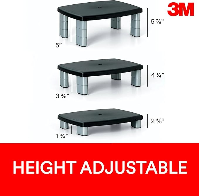 3M Adjustable Monitor Stand, Three Leg Segments Simply Adjust Height from 1" to 5 7/8", Sturdy Platform Holds Up to 80 lbs, 11-inch Space Between Columns for Storage, Silver/Black (MS80B)