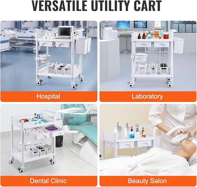 VEVOR Medical Mobile Trolley Cart with 2 Drawers & 3 Trash Cans, 2 Tiers Beauty Salon Rolling Trolley with 4 Silent Wheels & 2 Dirts Bucket & Bowl, Medical Utility Cart for Hospital Dental Clinic Lab