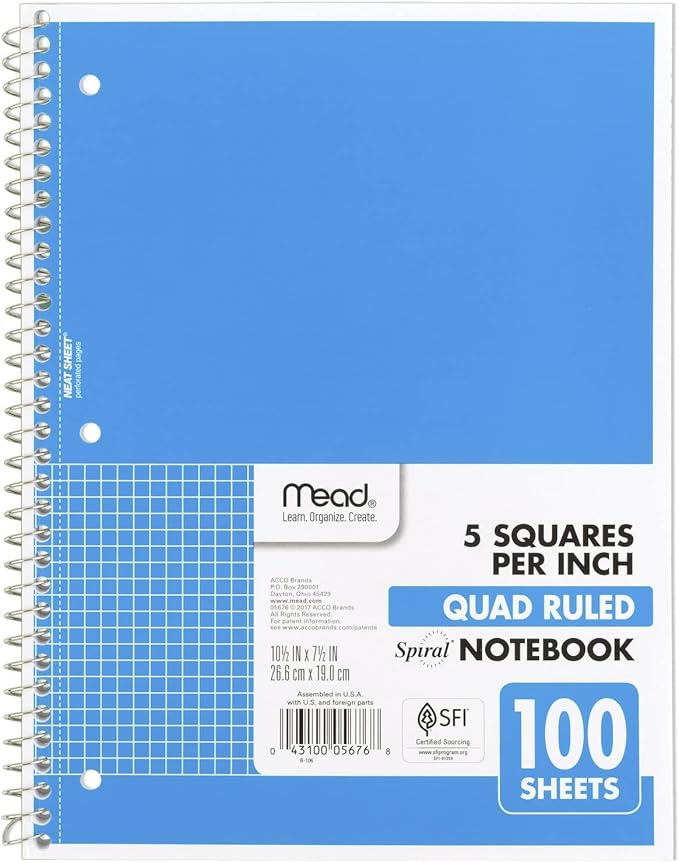 Mead Spiral Notebook, 1 Subject, Graph Ruled Paper, 7-1/2" x 10-1/2", 100 Sheets, Blue (05676AY7)