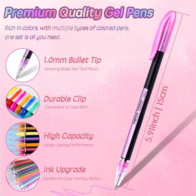 36 Colors Gel Pens Gel Pen Set for Adult Coloring, Metallic Glitter Pens & Gel Ink Pens for Journaling, Drawing, Cute Journal Pens Colored Gel Pens for Black Paper Writing