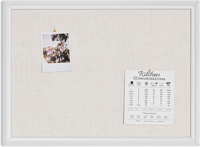 U Brands Farmhouse Linen Bulletin Board, 24" x 18", White Wood Style Frame, Industrial Grade Pinning Surface