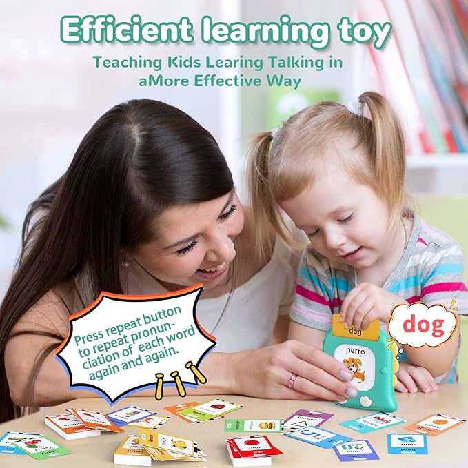 Kidzdo 520 Spanish English Talking Flashcards for Toddlers 2 3 4 5 6 Years Old, Birthday Present Easter Gift for Boys and Girls, Pocket Speech Therapy Toys Helps Language Speaking, Green