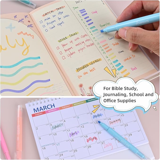 Dual Tip Aesthetic Highlighters 16 Colors and 2 Pcs 3 in 1 Multicolor Gel Pens 6 Colors Ink, Chisel & Fine Tips, No Bleed, Cute Bible Highlighters Assorted Colors for Journaling Textbook