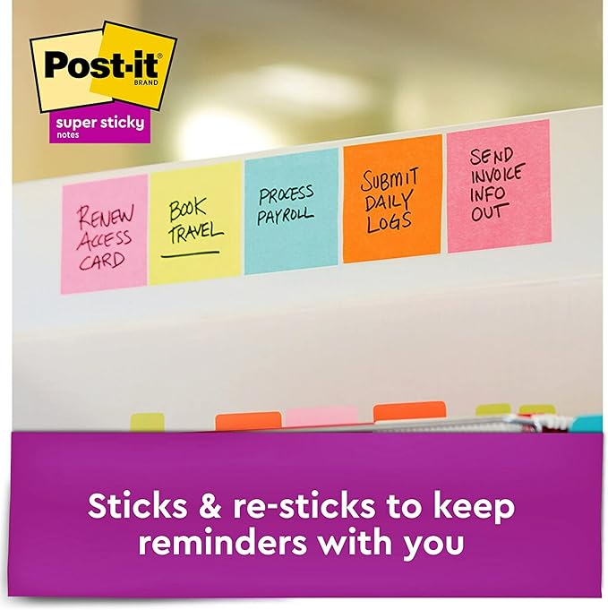Post-it Super Sticky Notes, 3x3 in, 6 Pads/Pack, 90 Sheets/Pad, Amazon Exclusive Bright Color Collection, Aqua Splash, Acid Lime, Tropical Pink, Sunnyside, Guava and Iris Infusion