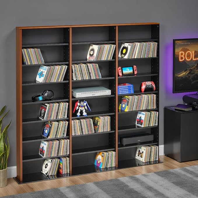 Prepac 3 Column Tall Storage Cabinet, Cherry & Black Storage Cabinet with 21 Adjustable Shelves Display DVD Perfect for Living Room, 8.75" D x 56" W x 51" H