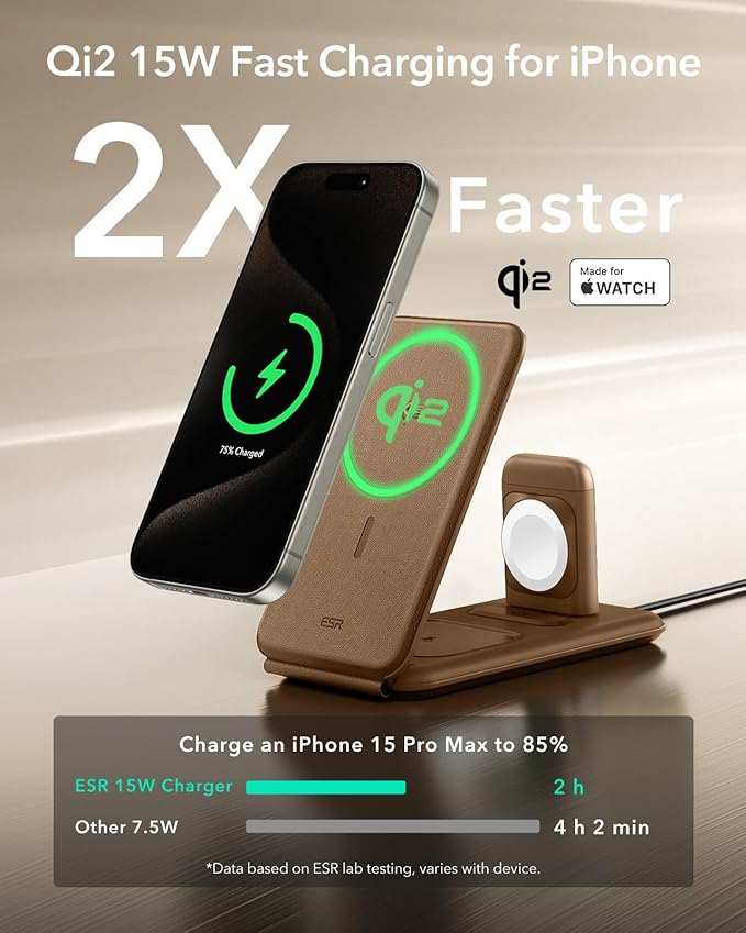 ESR 3 in 1 Charging Station for Apple, Certified Apple Watch Charger, 15W MagSafe Charger Stand for iPhone, Travel Charger for iPhone 17/16/15/14/13, Watch, AirPods,Brown