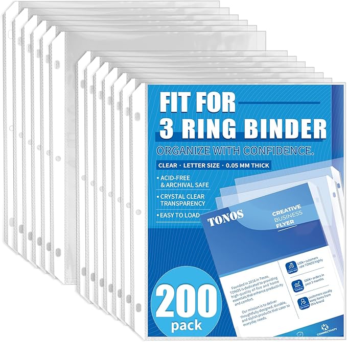 200 Pack Sheet Protectors for 3 Ring Binder - Clear Page Protectors & Plastic Sleeves for Paper 8.5x11 Inch, Binder Sleeves and Paper Protector Sheet for Document, Letter Size, Top Loading