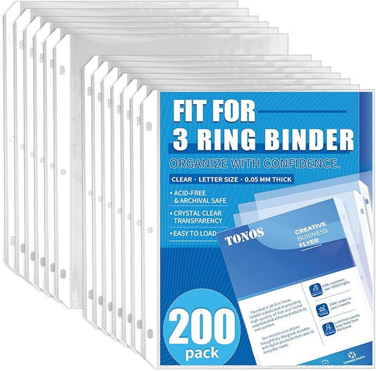 200 Pack Sheet Protectors for 3 Ring Binder - Clear Page Protectors & Plastic Sleeves for Paper 8.5x11 Inch, Binder Sleeves and Paper Protector Sheet for Document, Letter Size, Top Loading