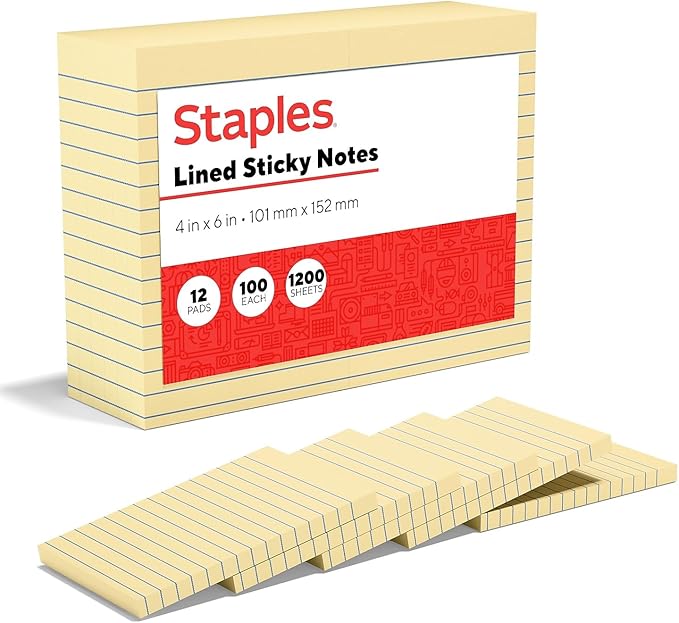 Staples Sticky Notes, 4" x 6", Lined, Yellow, 1200 Sheets – Large Ruled Notes for Planning, Projects & Office Use