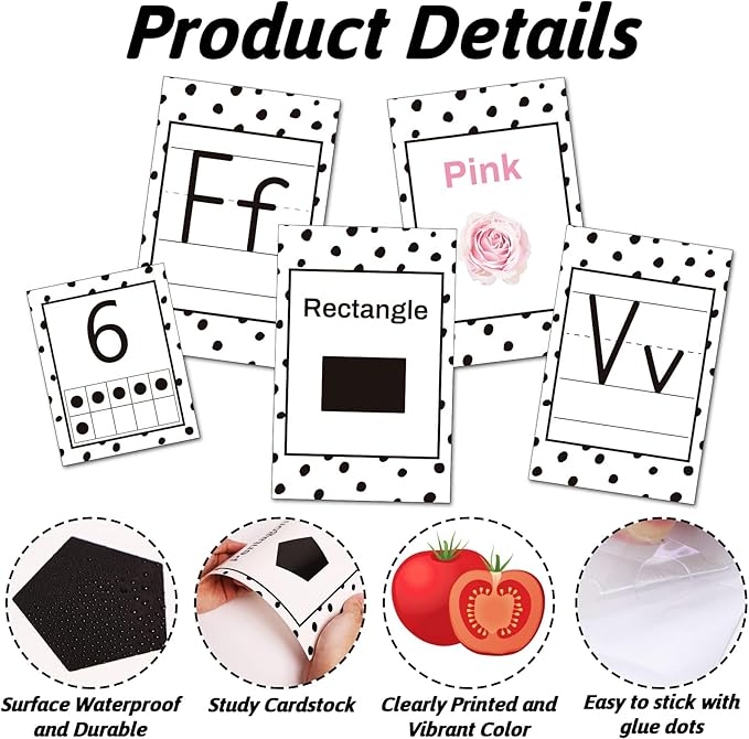 67 PCS Classroom Alphabet Number Educational Poster Cards with Weather Shape Color Learning Cards Decorations, Black and White Polka Dot Bulletin Board Letter, School Home Wall Decor for Teacher