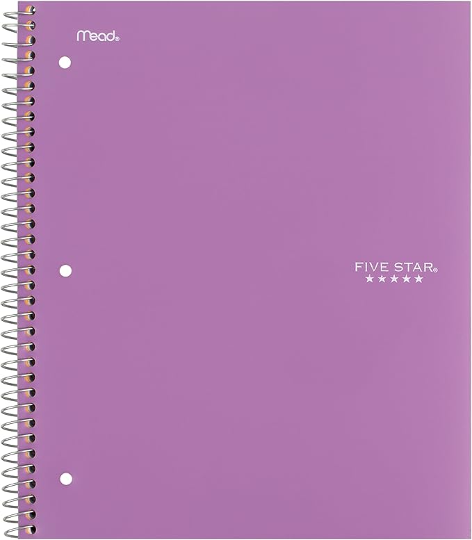 Five Star Spiral Notebook + Study App, 1 Subject, Wide Ruled Paper, 8" x 10-1/2", 100 Sheets, Fights Ink Bleed, Water Resistant Cover, Amethyst Purple (72351)