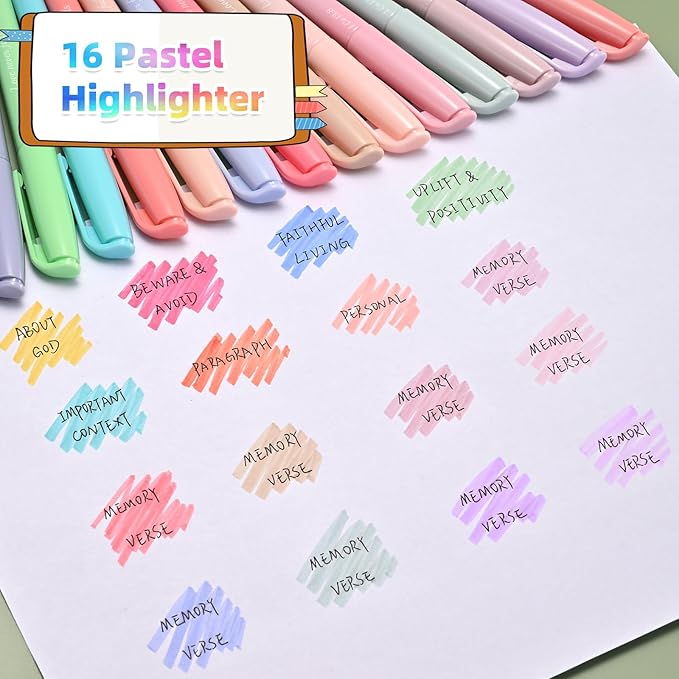Pastel Bible Highlighter Markers 16 Pack, Cute Aesthetic Highlighters Assorted Colors Dry Quickly for Bible Study Journaling, Textbook Motivational Gift for Christians, Friends