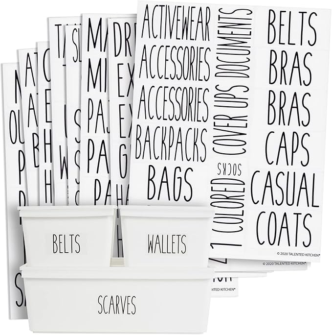 Talented Kitchen Clothing Bin Labels - Water-Resistant Closet Organizer Labels - Preprinted All-Caps Clothing Storage Tags - Organized Closet Storage - 133 Pack, 1.75 x 1.5-3.25 in, White Vinyl