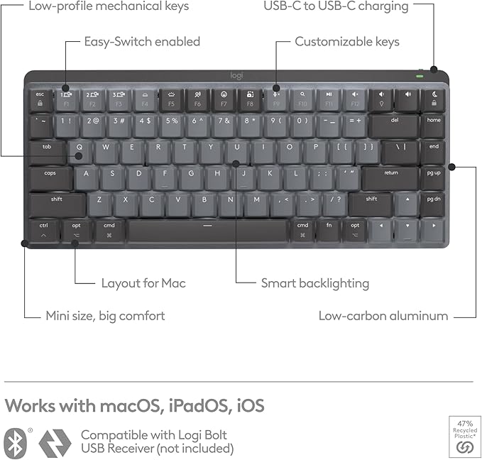 Logitech MX Mechanical Mini for Mac Wireless Illuminated Keyboard, Low-Profile Performance Switches, Tactile Quiet Keys, Backlit, Bluetooth, USB-C, Apple, iPad - Space Grey