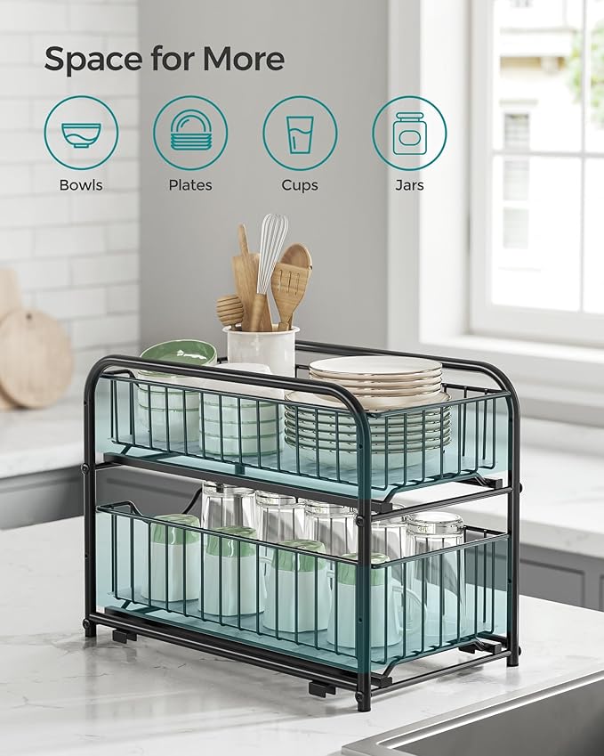 SONGMICS 4-Tier Pull Out Cabinet Organizers, Under Sink Organizer, Bathroom Organizer and Storage, Sliding Basket Drawers, Stackable for Kitchen, Bathroom, Ink Black UKCS017B02