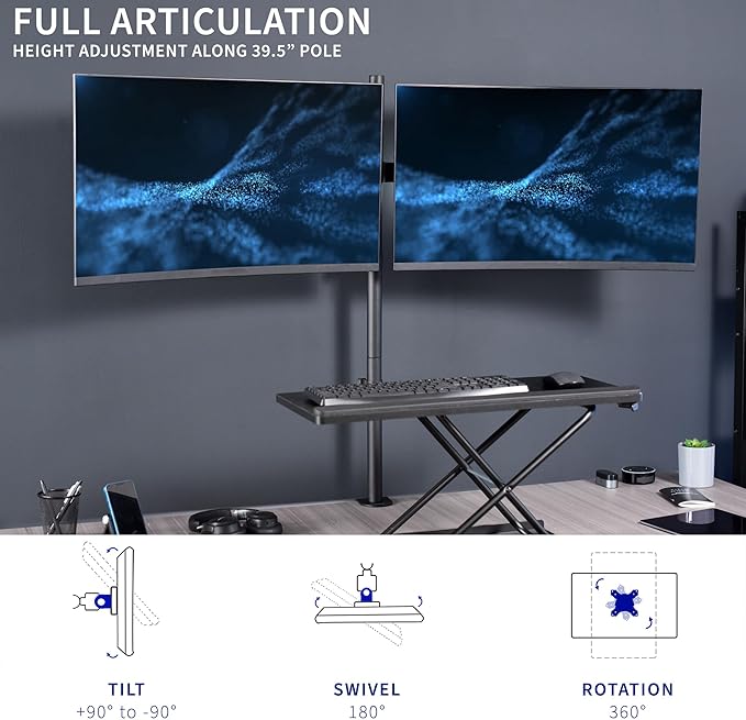 VIVO Premium Dual Ultra Wide LCD LED 27 to 38 inch Monitor Desk Mount, Heavy Duty C-clamp, Extra Tall Pole, Adjustable Telescoping Arms, Flush Wall Setup, Fits 2 Screens, Black, STAND-TS38C-T