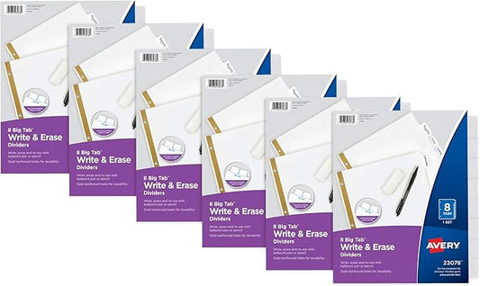 Avery Big Tab Write & Erase Paper Dividers with Gold Reinforcement, 8-Tab Set, White, 6 Sets (21213)