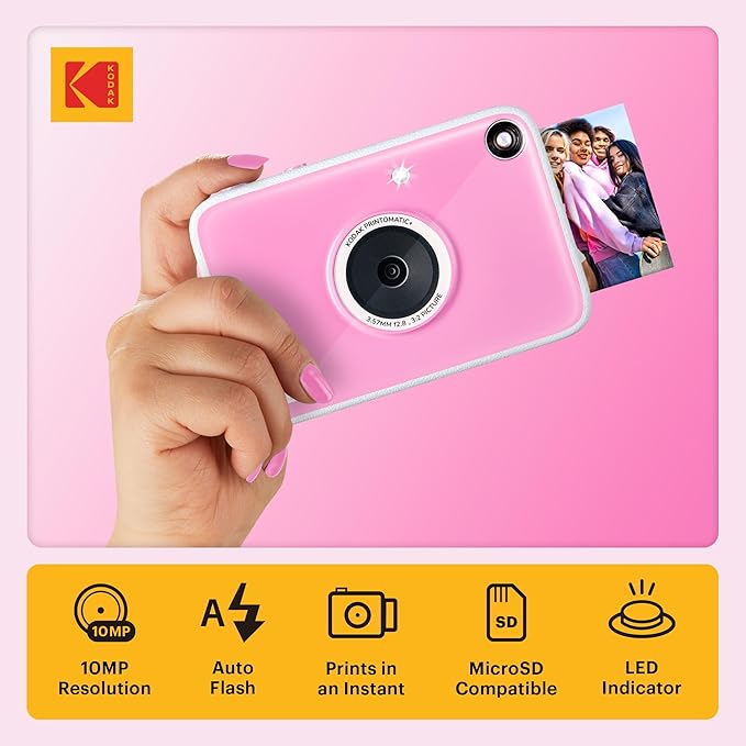 Kodak Printomatic+ Instant Print Digital Camera (Pink) 10MP Portable Camera with Interactive RGB LED Status Indicator, Prints Full-Color Photos on Zink 2x3” Sticky-Backed Photo Paper - Easy & Fun