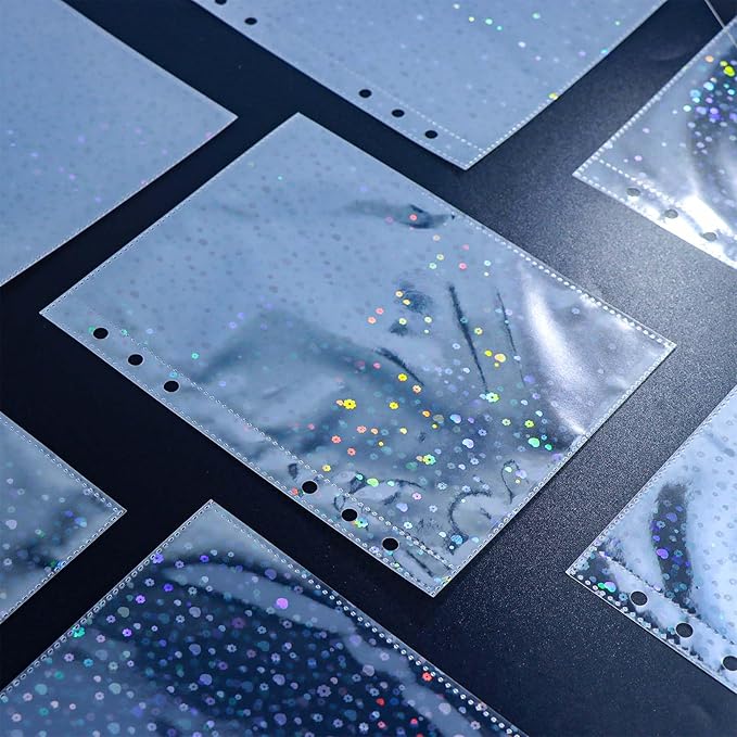 A5 Photocard Sleeves 20pcs Flower Flashing Clear Sheet Protectors 5.2'' x 7.5'' 1 Pocket Picture Card Insets PP Photo Album Refill Pages for 6 Ring Binder (Flower Flashing, A5-1Pocket)