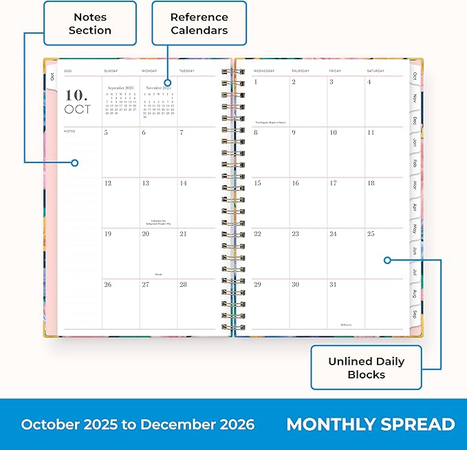 Blue Sky 15 Month 2026 Weekly and Monthly Planner Calendar, October 2025 - December 2026, 5" x 8", Hard Cover, Durable Twin Wire Binding, Laminated Tabs, Storage Pocket, Includes Ruler, Sticky Notes & Stickers, Nerina