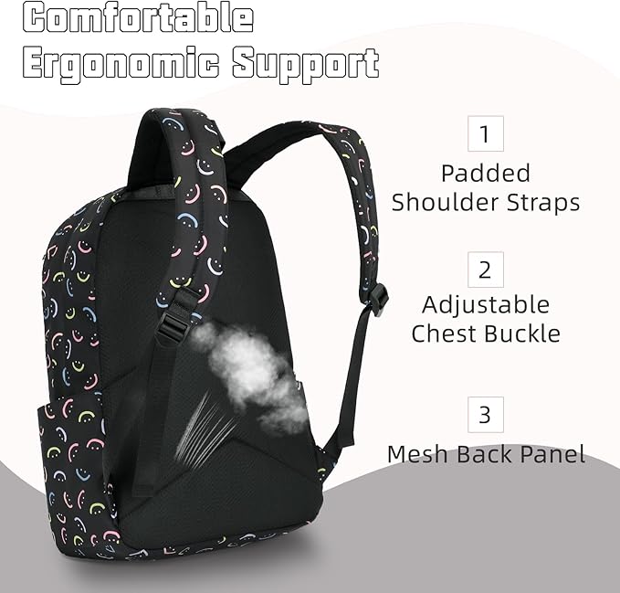 School Backpack for Girls, 3PCS Bookbags Set with Lunch Box Pencil Pouch Elementary Middle School Bag Laptop Back Packs (Smile Black)