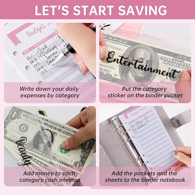 Budget Binder, Cute A6 Money Saving Binder with Zipper Envelopes, PU Leather Money Organizer for Cash, Expense Budget Sheets and Cash Envelopes for Budgeting Luxury Glitter Leopard