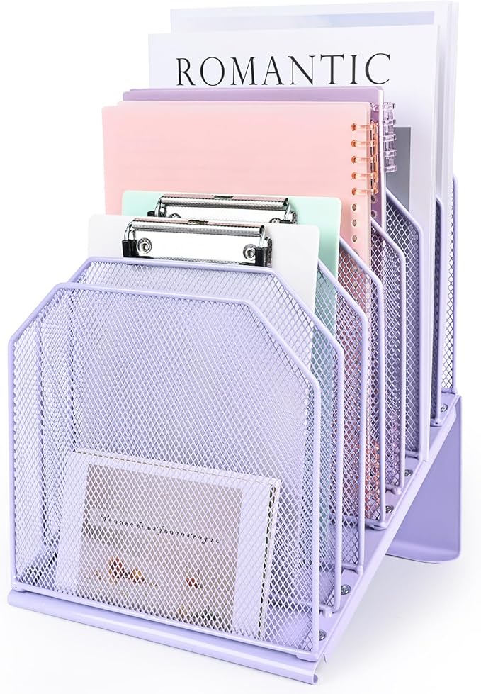 Inclined File Organizer for Desk, 7-Tier Vertical File Folder Holder Office Desk Organizer Metal Rack File Wire Mesh Desktop Document Sorter for Office School Classroom Home (Purple)