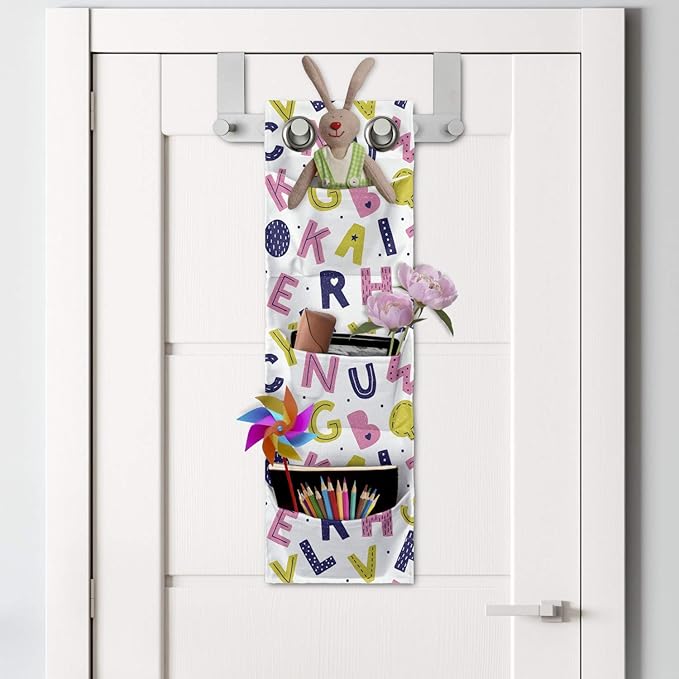 Ambesonne Alphabet Hanging Pocket Organizer, Geometric with Hearts Stars and Mini Polka Dots, Printed Polyester Storage Bag with Pockets, 9" x 27", Yellow Green Pastel Pink