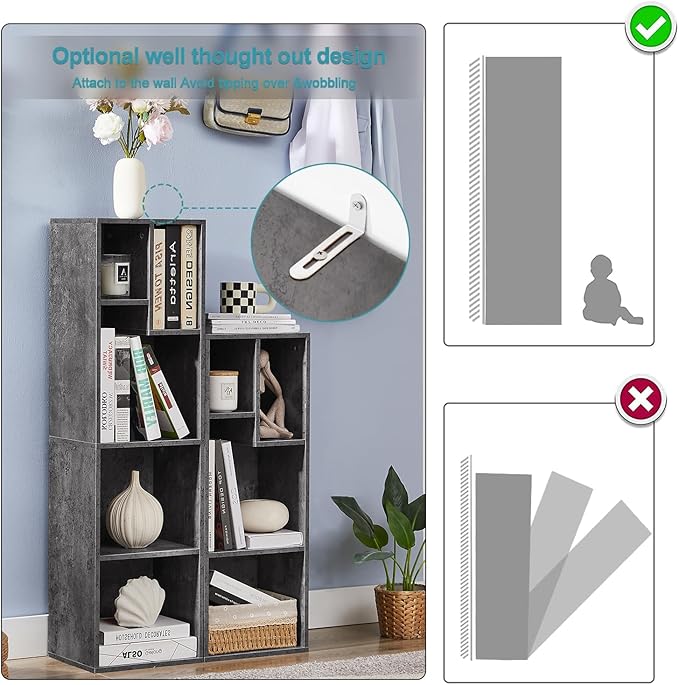 VECELO Small Bookshelf, 4 Cube Slim Bookcase, Fits Tallest Hardcovers, Horizontal Available, Modern Floor Standing Unit, Each Shelf Hold Up to 66 LBS,Gray
