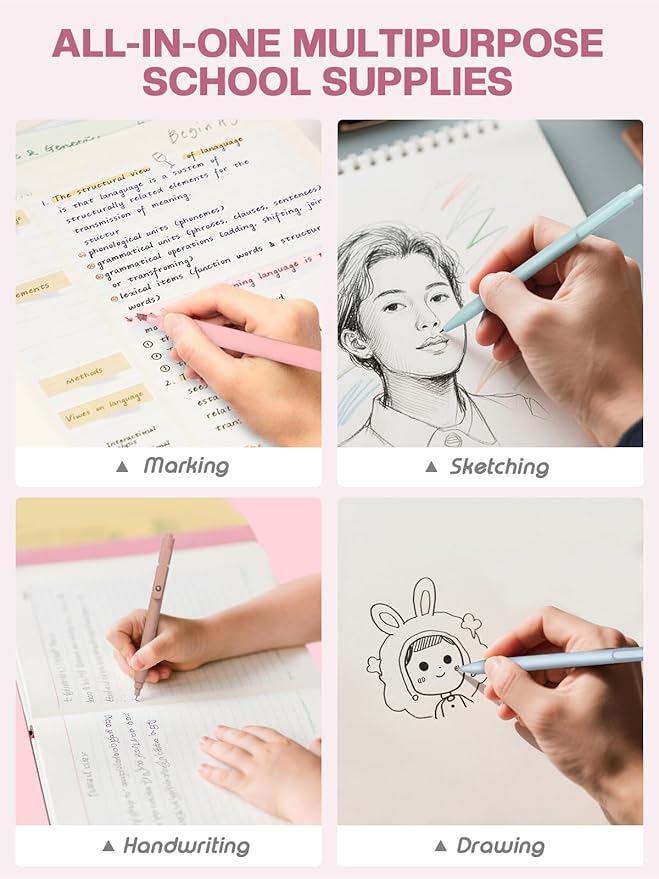 51 PCS Aesthetic School Supplies with Cute Pencil Case, 12 Pastel Highlighters, 8 Quick Dry Retractable Black Ink Pens, 6 Pastel Mechanical Pencil Student Stationary Bible Study Supplies (Pink)